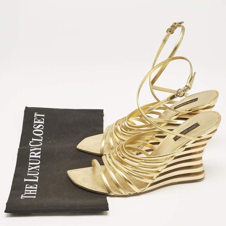 Pre Owned Louis Vuitton Gold Leather Strappy Wedge Sandals Size 40