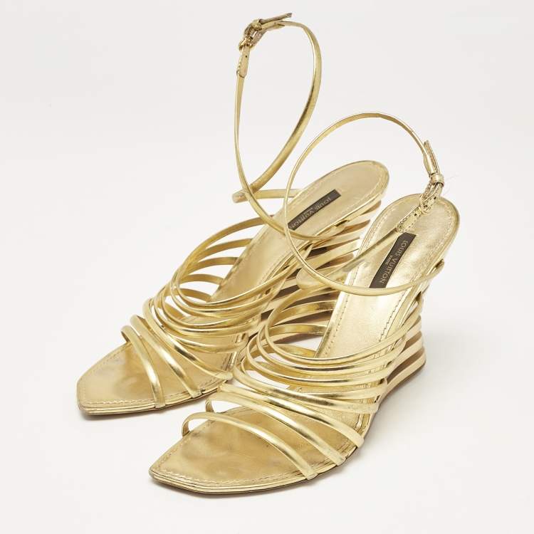 Pre Owned Louis Vuitton Gold Leather Strappy Wedge Sandals Size 40