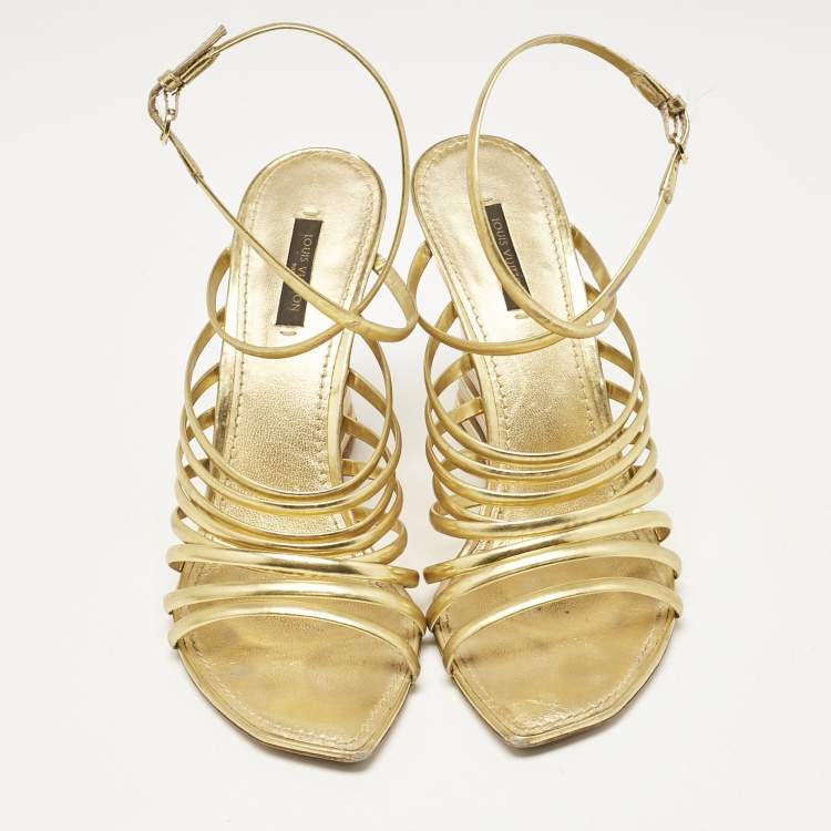 Pre Owned Louis Vuitton Gold Leather Strappy Wedge Sandals Size 40