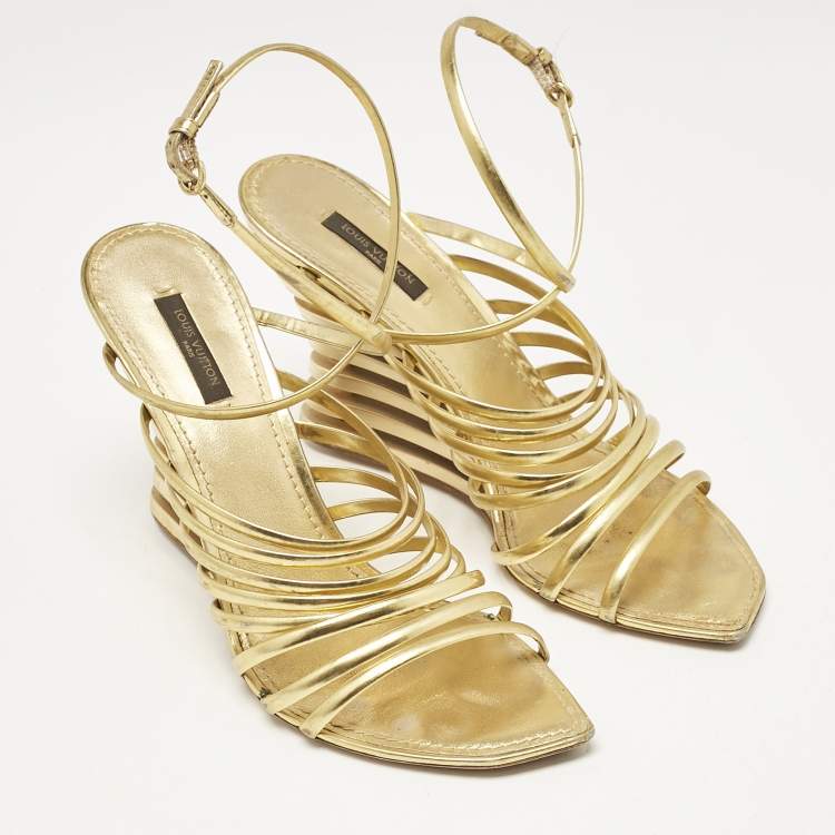 Pre Owned Louis Vuitton Gold Leather Strappy Wedge Sandals Size 40