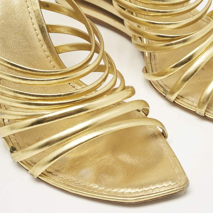 Pre Owned Louis Vuitton Gold Leather Strappy Wedge Sandals Size 40