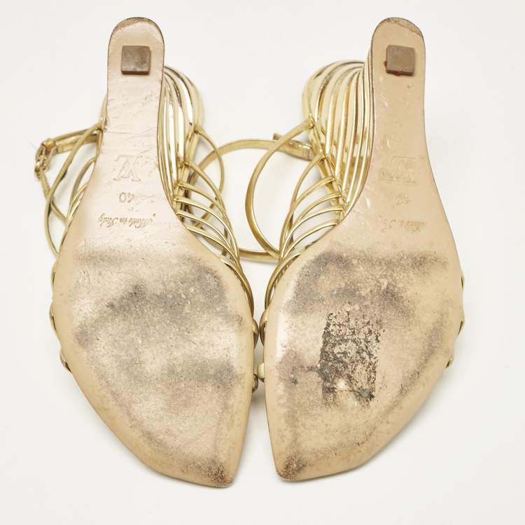 Pre Owned Louis Vuitton Gold Leather Strappy Wedge Sandals Size 40