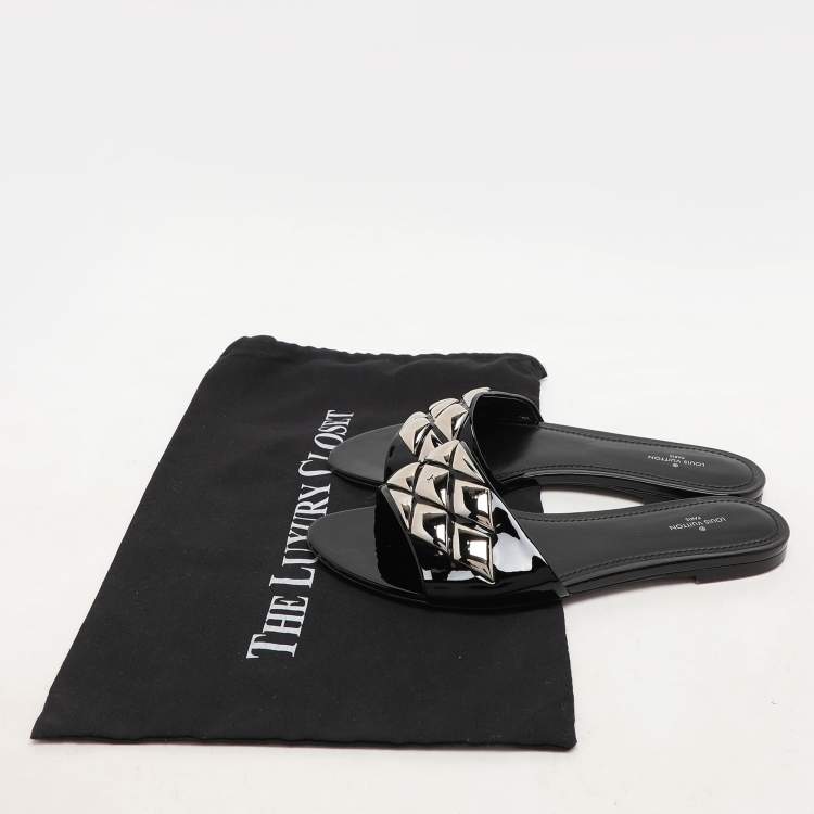 Pre Owned Louis Vuitton Black Patent Leather Studded Flats Size 38.5