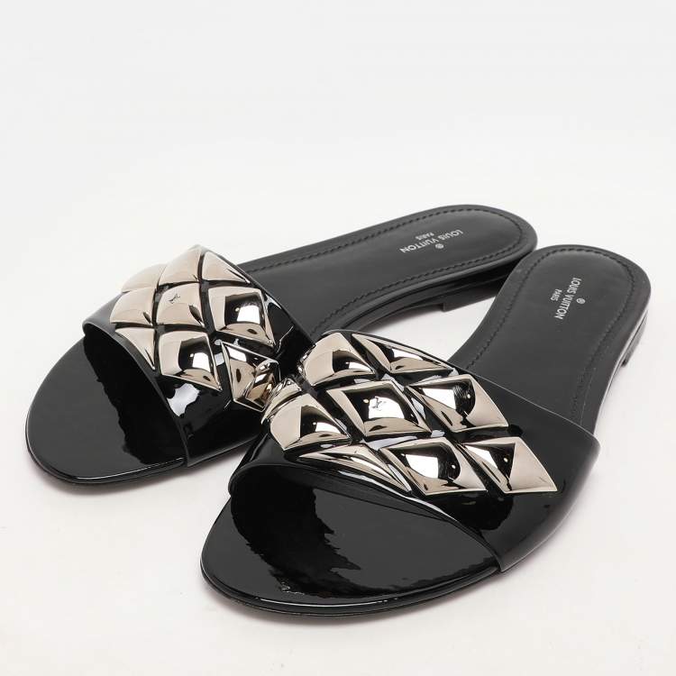 Pre Owned Louis Vuitton Black Patent Leather Studded Flats Size 38.5