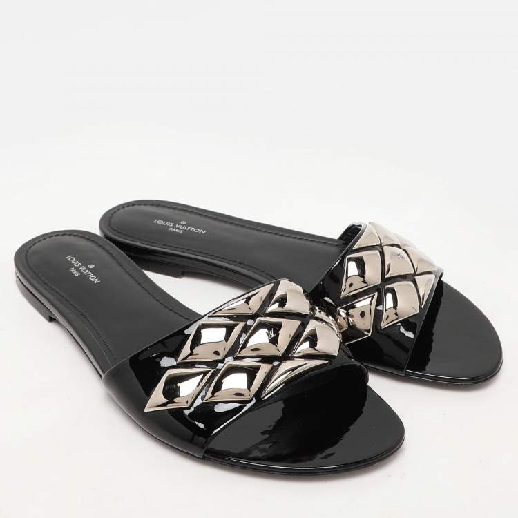 Pre Owned Louis Vuitton Black Patent Leather Studded Flats Size 38.5