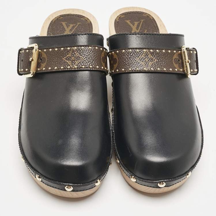 Pre Owned Louis Vuitton Black/Brown Canvas and Leather Cottage Clogs Size 38