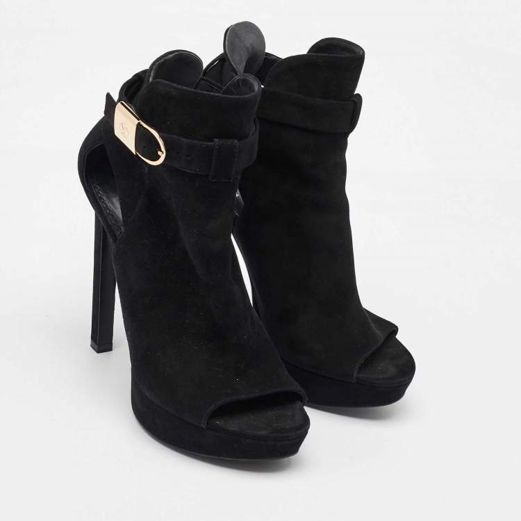 Pre Owned Louis Vuitton Black Suede Open Toe Platform Boots Size 37.5