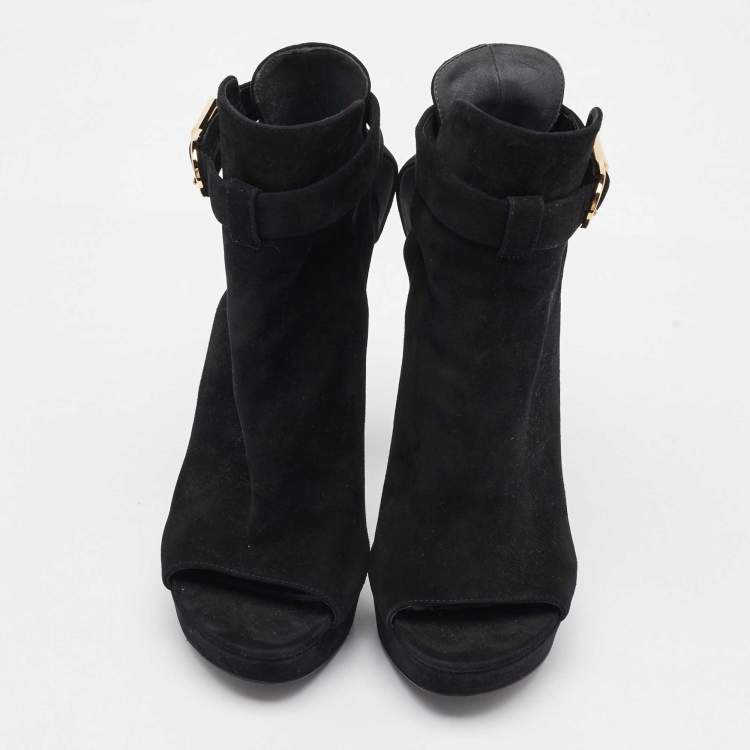 Pre Owned Louis Vuitton Black Suede Open Toe Platform Boots Size 37.5