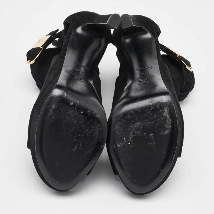 Pre Owned Louis Vuitton Black Suede Open Toe Platform Boots Size 37.5