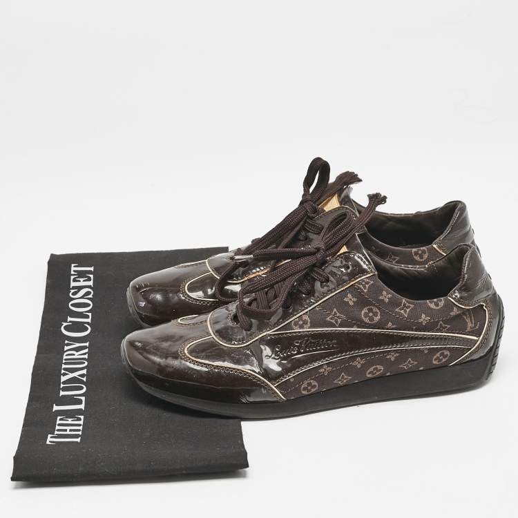 Pre Owned Louis Vuitton Brown Monogram Canvas and Patent Globe Trotter Sneakers Size 38.5