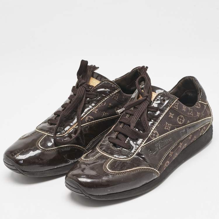 Pre Owned Louis Vuitton Brown Monogram Canvas and Patent Globe Trotter Sneakers Size 38.5