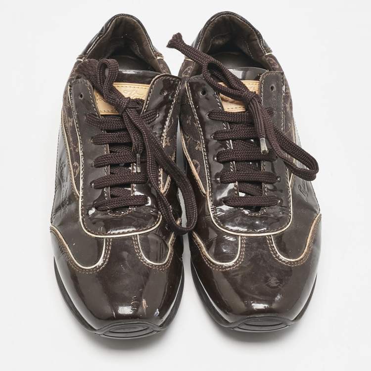 Pre Owned Louis Vuitton Brown Monogram Canvas and Patent Globe Trotter Sneakers Size 38.5