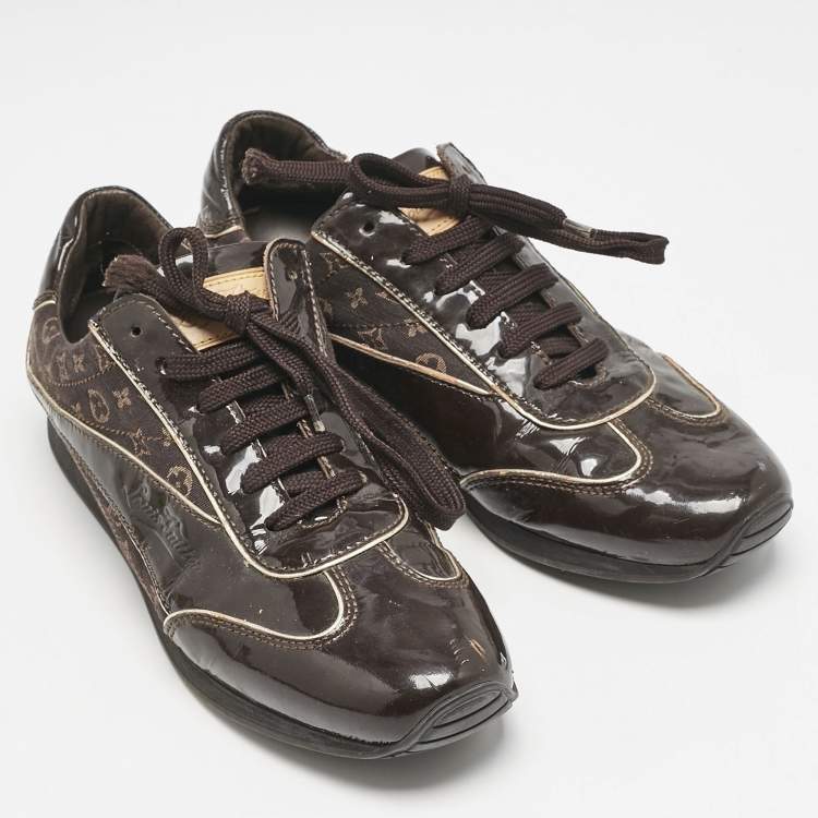 Pre Owned Louis Vuitton Brown Monogram Canvas and Patent Globe Trotter Sneakers Size 38.5