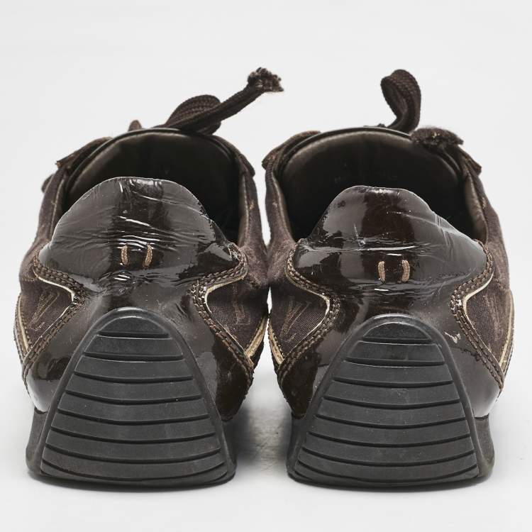 Pre Owned Louis Vuitton Brown Monogram Canvas and Patent Globe Trotter Sneakers Size 38.5