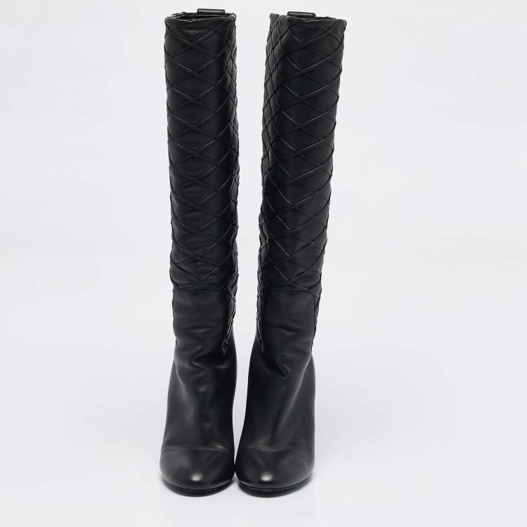 Pre Owned Louis Vuitton Black Leather Donna Knee Length Boots Size 37