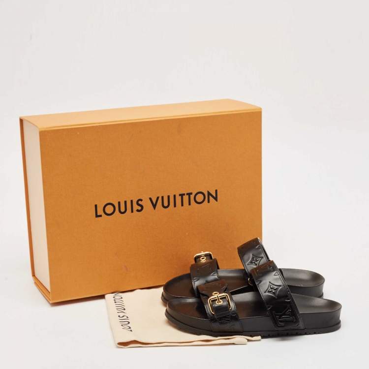 Pre Owned Louis Vuitton Black Monogram Leather Bom Dia Flat Sandals Size 38