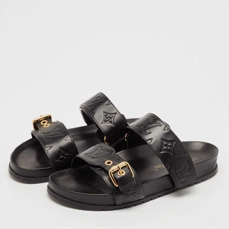 Pre Owned Louis Vuitton Black Monogram Leather Bom Dia Flat Sandals Size 38