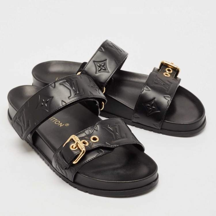 Pre Owned Louis Vuitton Black Monogram Leather Bom Dia Flat Sandals Size 38