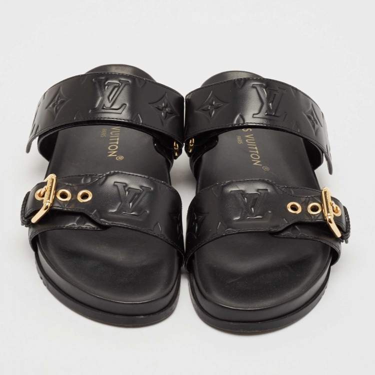 Pre Owned Louis Vuitton Black Monogram Leather Bom Dia Flat Sandals Size 38