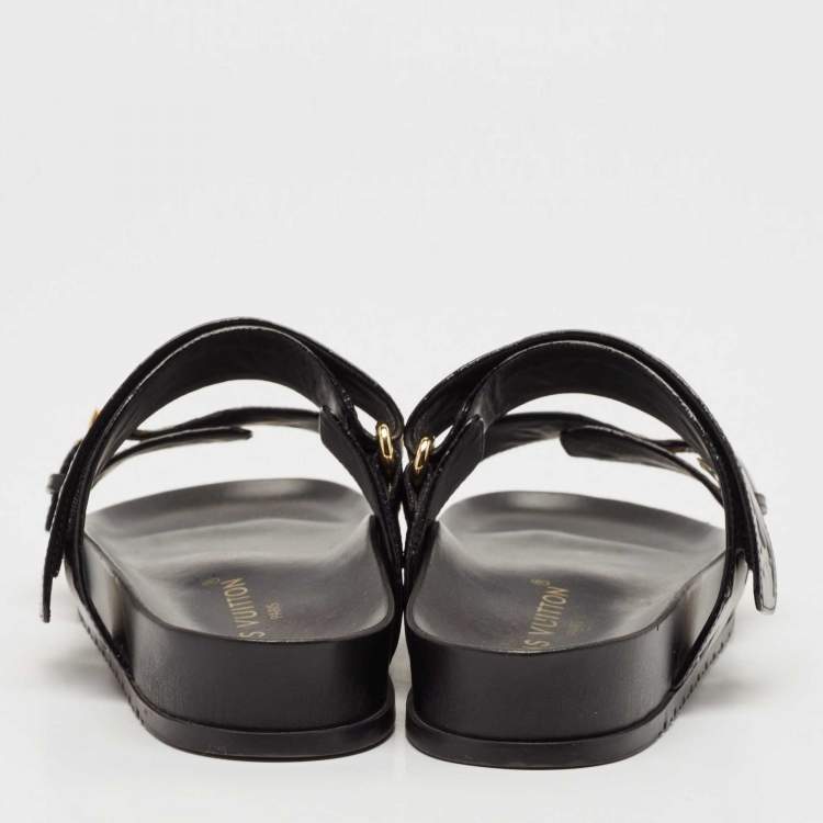 Pre Owned Louis Vuitton Black Monogram Leather Bom Dia Flat Sandals Size 38