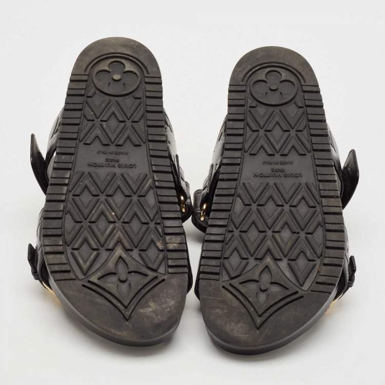 Pre Owned Louis Vuitton Black Monogram Leather Bom Dia Flat Sandals Size 38