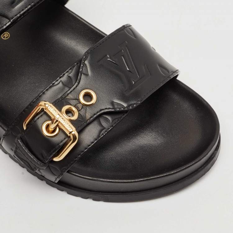 Pre Owned Louis Vuitton Black Monogram Leather Bom Dia Flat Sandals Size 38