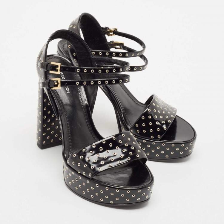 Pre Owned Louis Vuitton Black Leather Eyelet Platfrom Sandals Size 37