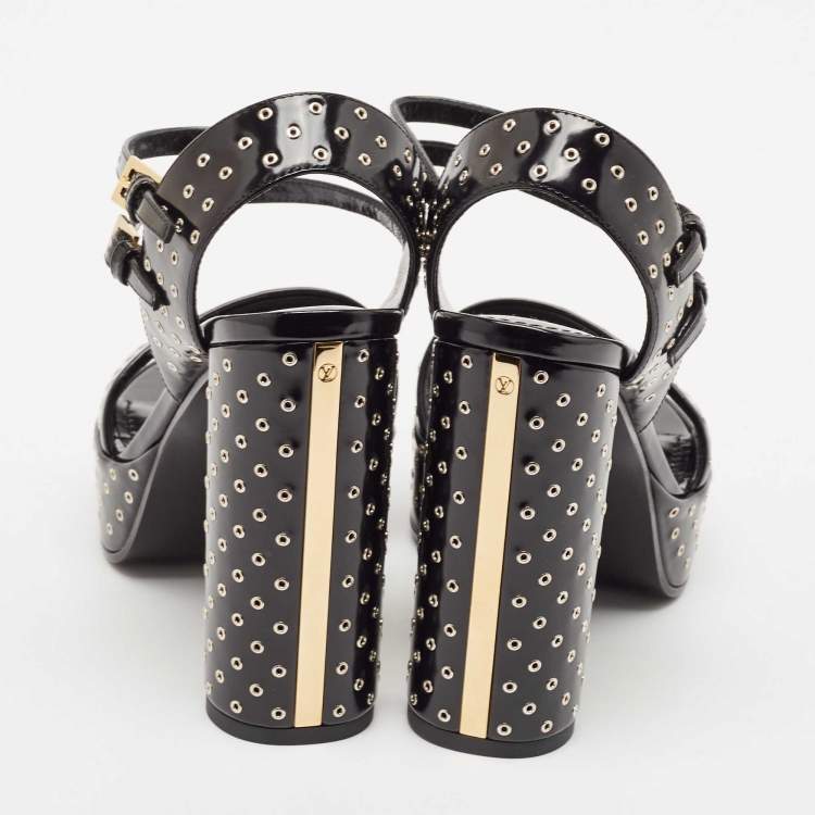 Pre Owned Louis Vuitton Black Leather Eyelet Platfrom Sandals Size 37