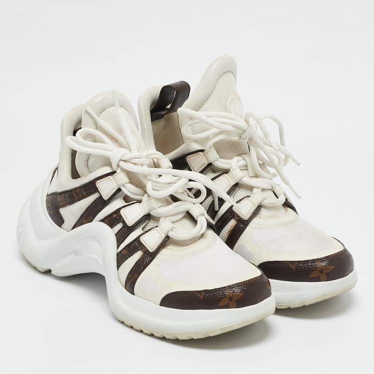 Pre Owned Louis Vuitton White Mesh, Leather and Monogram Canvas Archlight Sneakers Size 37