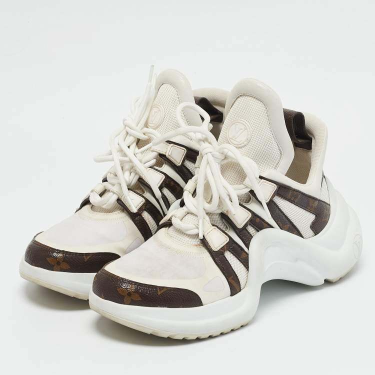 Pre Owned Louis Vuitton White Mesh, Leather and Monogram Canvas Archlight Sneakers Size 37