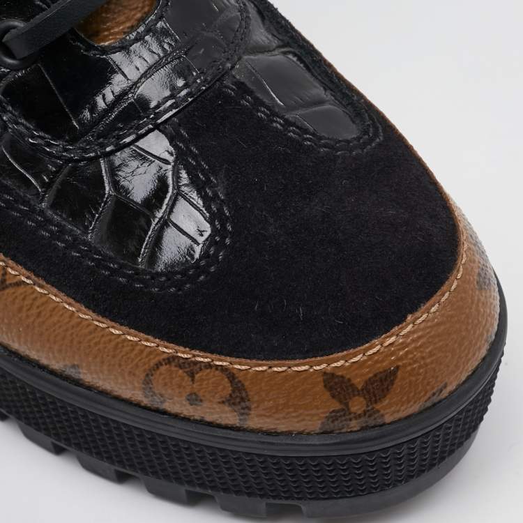Pre Owned Louis Vuitton Black/Brown Suede and Monogram Canvas Laureate Desert Boots Size 36.5