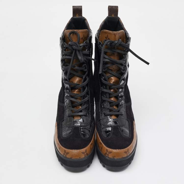 Pre Owned Louis Vuitton Black/Brown Suede and Monogram Canvas Laureate Desert Boots Size 36.5