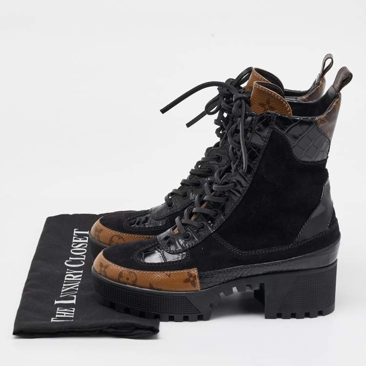 Pre Owned Louis Vuitton Black/Brown Suede and Monogram Canvas Laureate Desert Boots Size 36.5