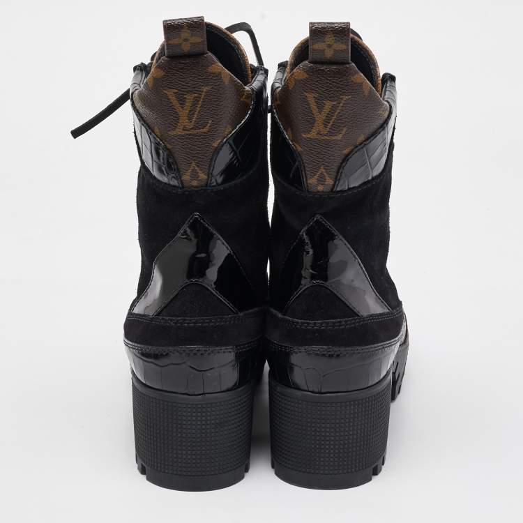Pre Owned Louis Vuitton Black/Brown Suede and Monogram Canvas Laureate Desert Boots Size 36.5
