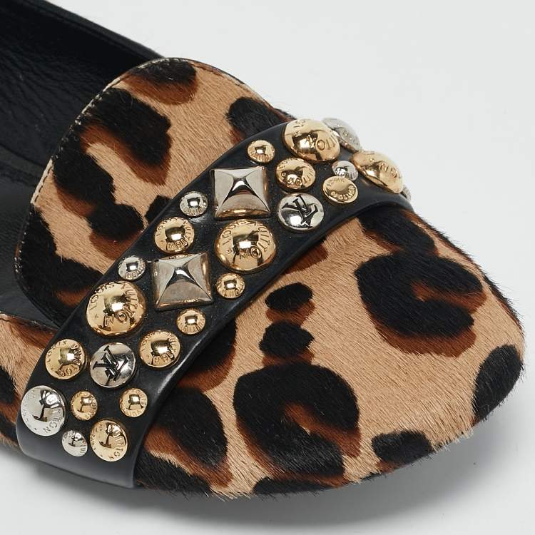 Pre Owned Louis Vuitton Black/Brown Calf Hair Embellished Smoking Slippers Size 38.5