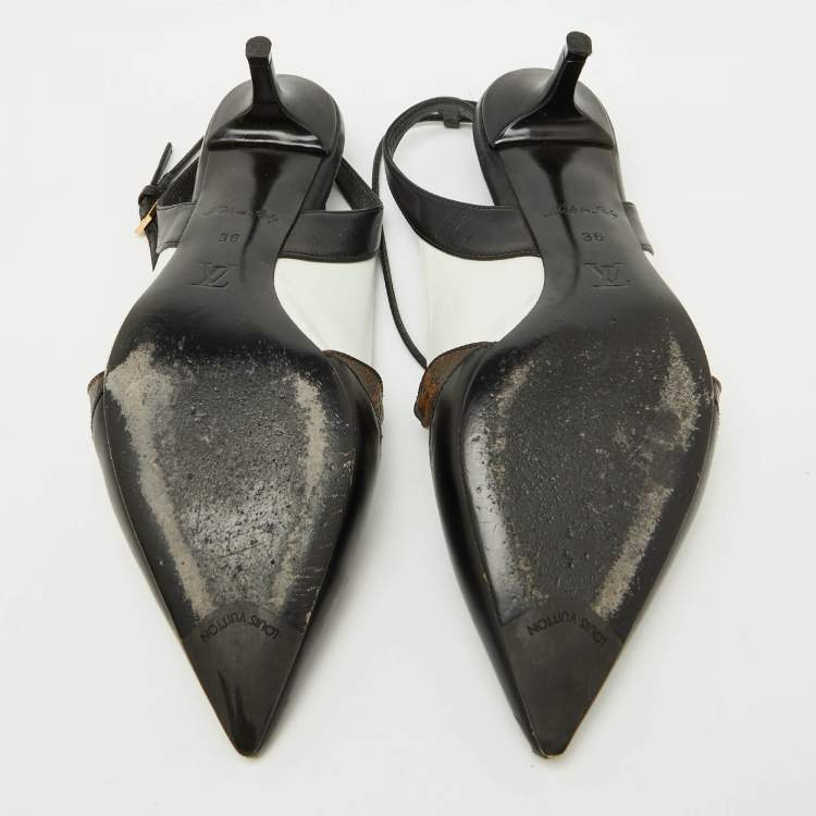 Pre Owned Louis Vuitton Black/White Leather Criss Cross Slingback Pumps Size 36