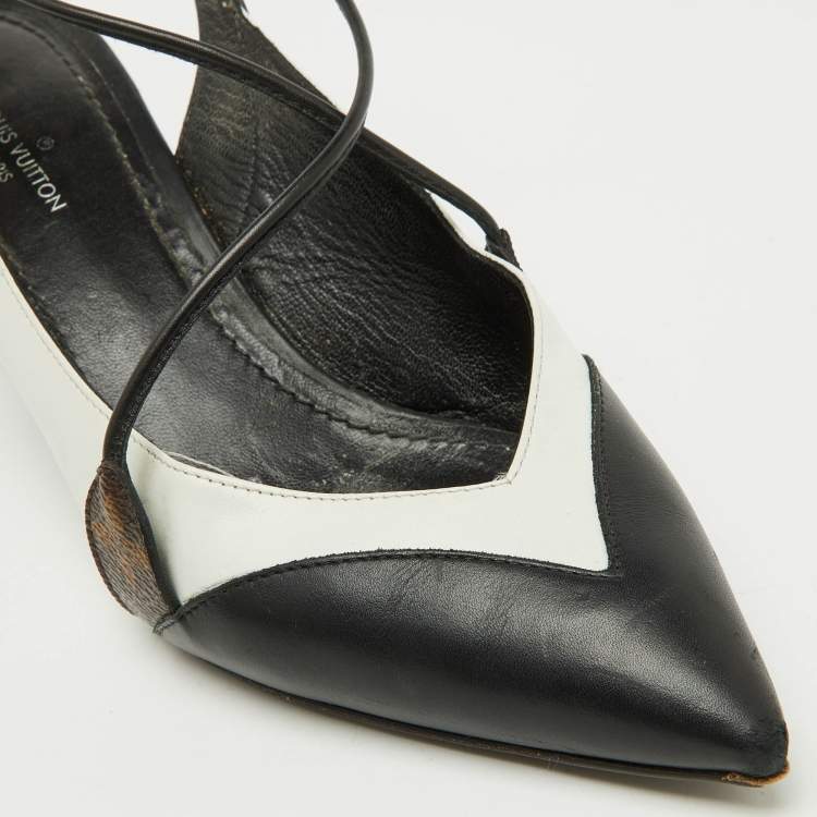 Pre Owned Louis Vuitton Black/White Leather Criss Cross Slingback Pumps Size 36