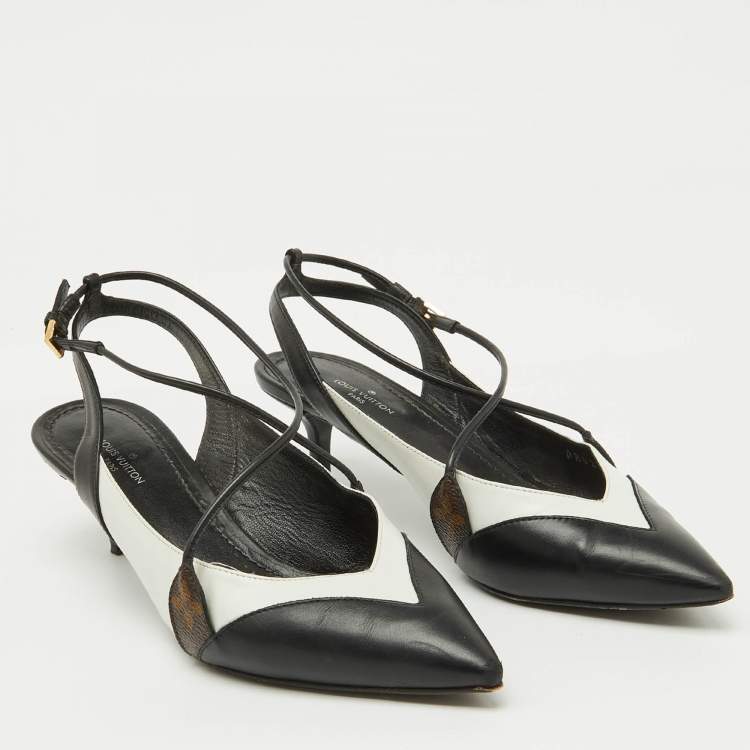 Pre Owned Louis Vuitton Black/White Leather Criss Cross Slingback Pumps Size 36