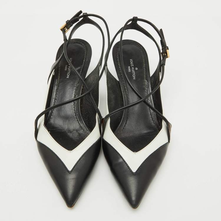 Pre Owned Louis Vuitton Black/White Leather Criss Cross Slingback Pumps Size 36