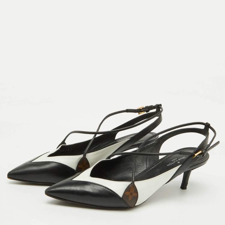 Pre Owned Louis Vuitton Black/White Leather Criss Cross Slingback Pumps Size 36