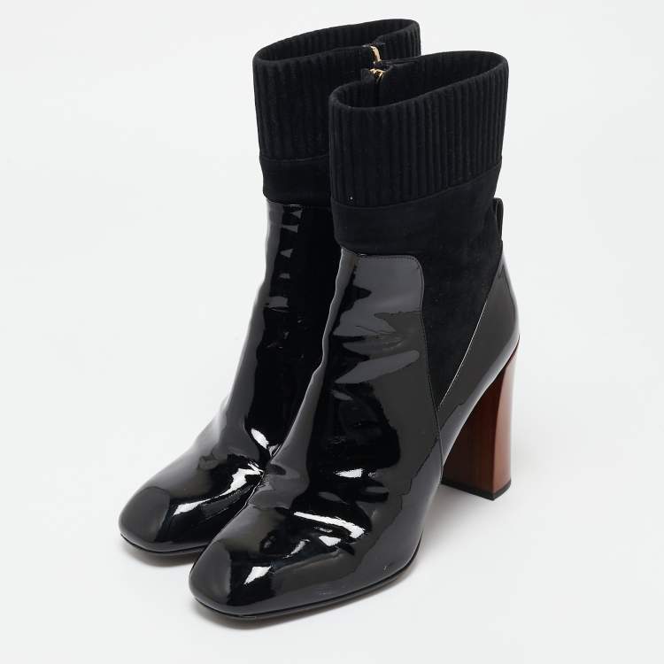 Pre Owned Louis Vuitton Black Patent Leather and Suede Studio Ankle Length Boots Size 39