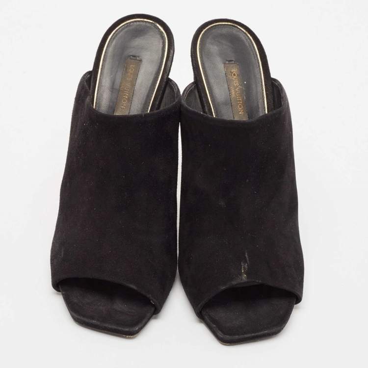 Pre Owned Louis Vuitton Black Suede Block Heel Mules Size 39.5