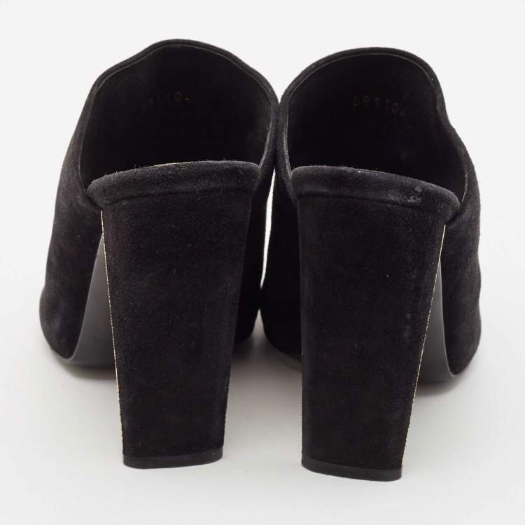 Pre Owned Louis Vuitton Black Suede Block Heel Mules Size 39.5