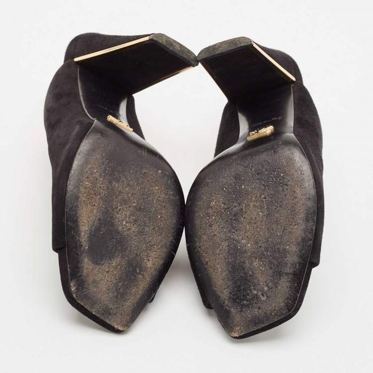 Pre Owned Louis Vuitton Black Suede Block Heel Mules Size 39.5