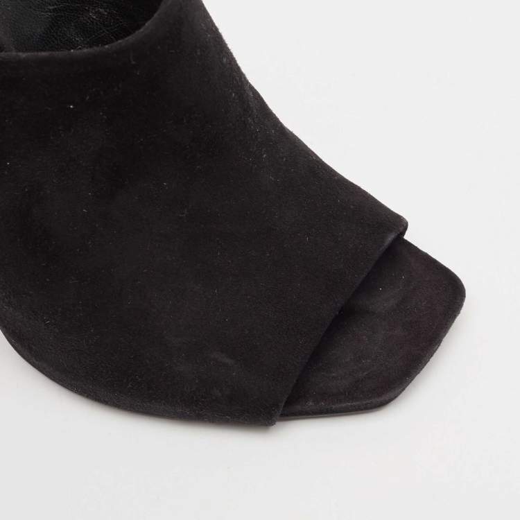 Pre Owned Louis Vuitton Black Suede Block Heel Mules Size 39.5