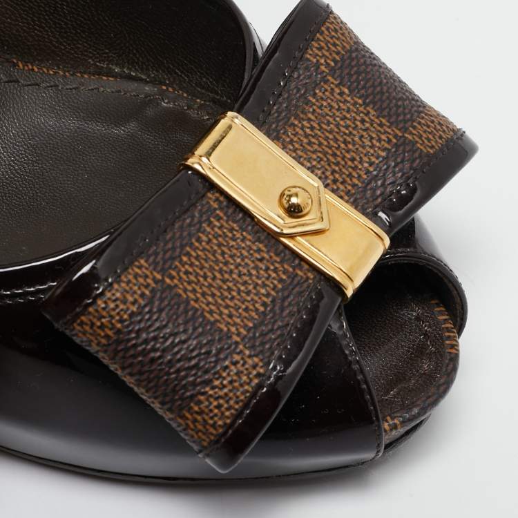 Pre Owned Louis Vuitton Brown/Burgundy  Patent Leather And Infini Canvas Bow Peep Toe Platform Pumps Size 39