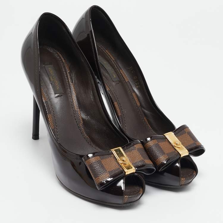 Pre Owned Louis Vuitton Brown/Burgundy  Patent Leather And Infini Canvas Bow Peep Toe Platform Pumps Size 39