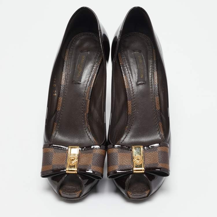 Pre Owned Louis Vuitton Brown/Burgundy  Patent Leather And Infini Canvas Bow Peep Toe Platform Pumps Size 39