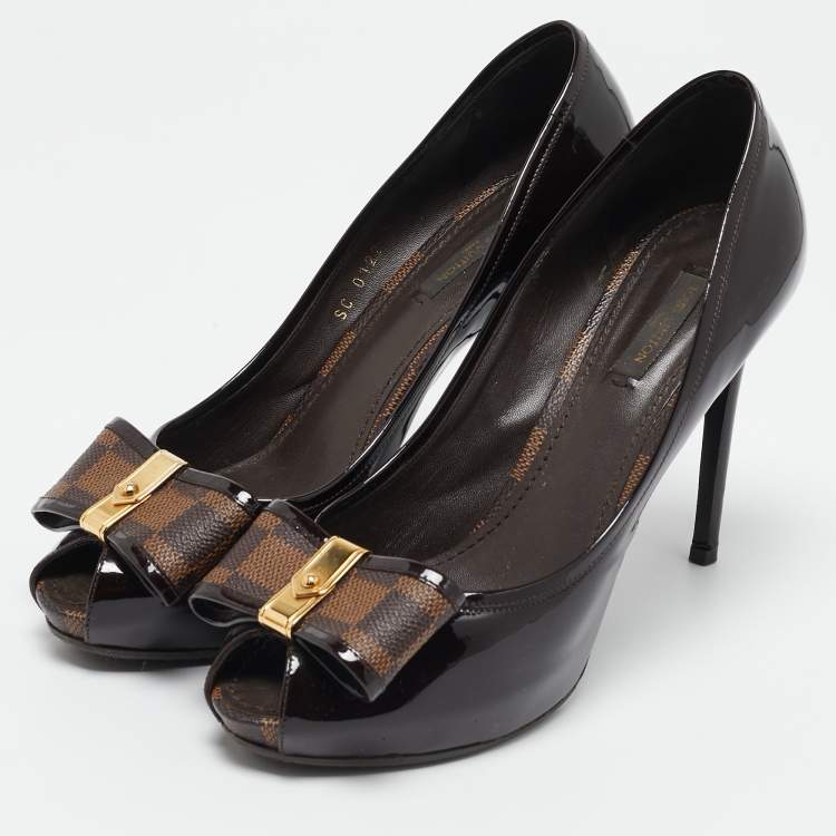 Pre Owned Louis Vuitton Brown/Burgundy  Patent Leather And Infini Canvas Bow Peep Toe Platform Pumps Size 39