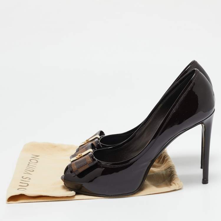 Pre Owned Louis Vuitton Brown/Burgundy  Patent Leather And Infini Canvas Bow Peep Toe Platform Pumps Size 39